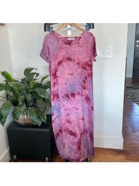 Misslook Tie Dye Maxi Dress Sz S Short Sleeves V neck Side Deep Slits Red Blue